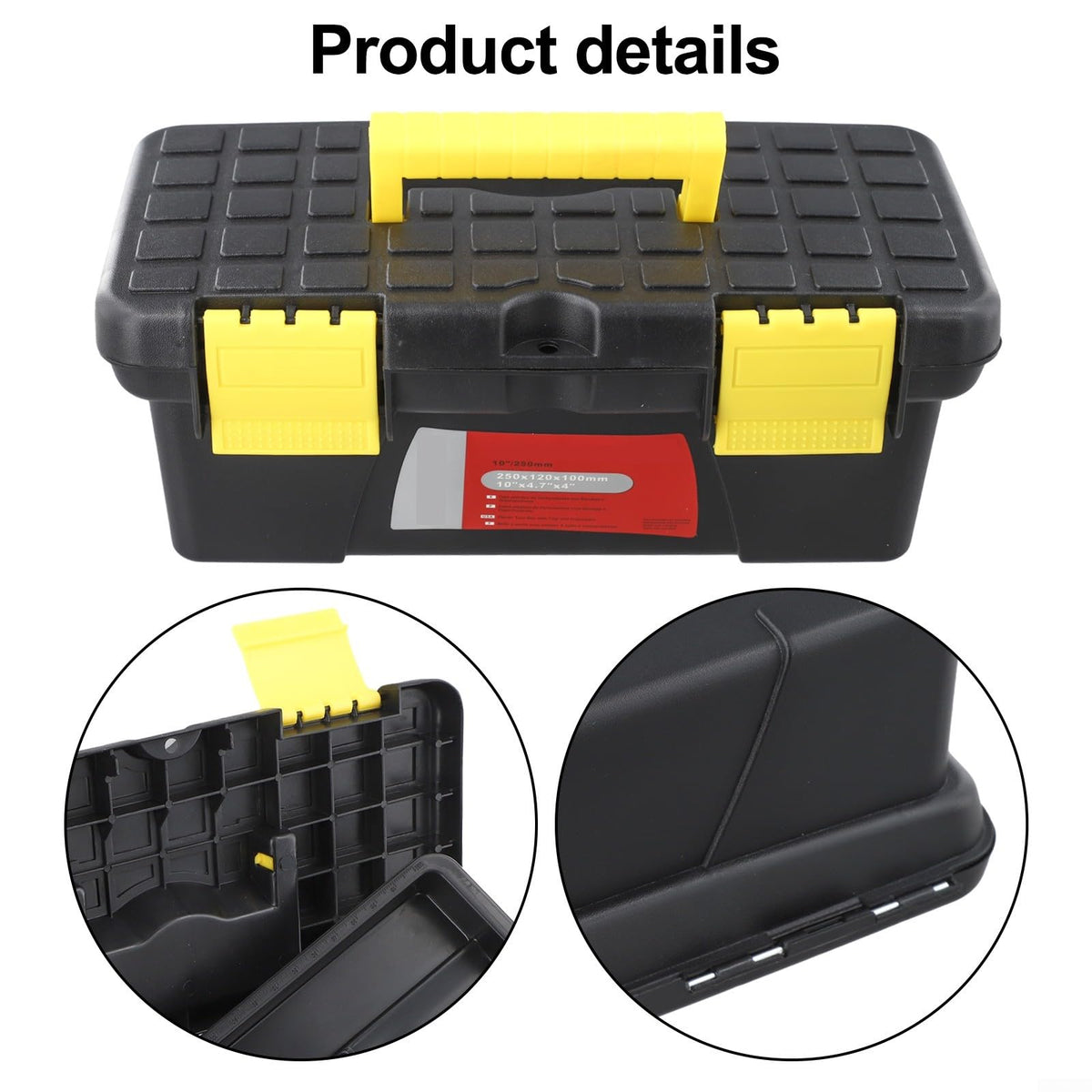 10 Inch Plastic Toolbox with Dual Layer Organization and Secure Latch, Black M68262