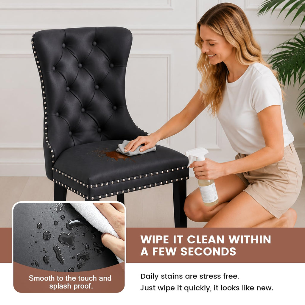 Black PU Leather Dining Chairs Set of 6 with Nailhead Trim and Solid Wood Legs J115