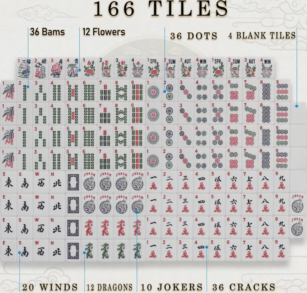 Complete American Mahjong Set with 166 Tiles, Racks, Pushers, Dice, Chips, Instructions & Bag L7324