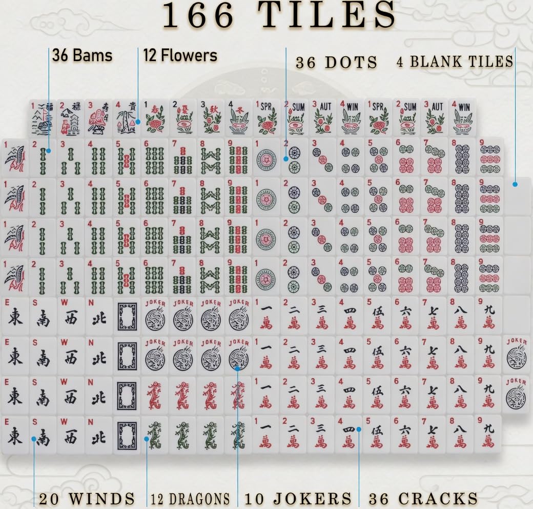 Complete American Mahjong Set with 166 Tiles, Racks, Pushers, Dice, Chips, Instructions & Bag L7324