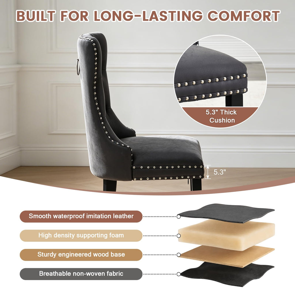 Black PU Leather Dining Chairs Set of 6 with Nailhead Trim and Solid Wood Legs J115