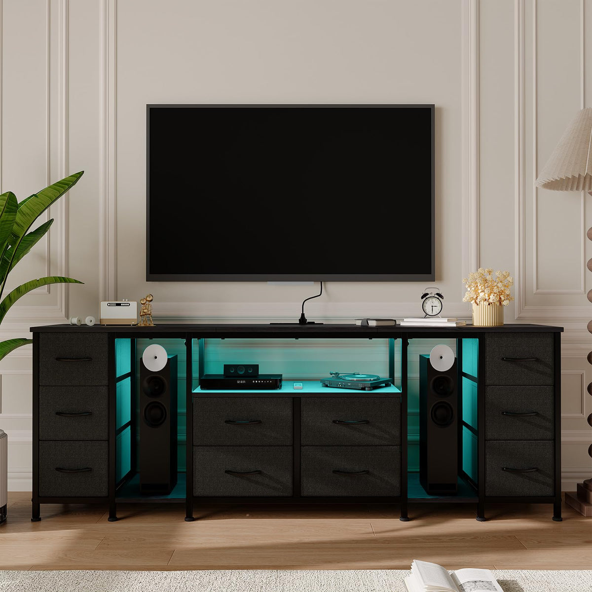 Black 10 Drawer Dresser TV Stand with Power Outlets K79602