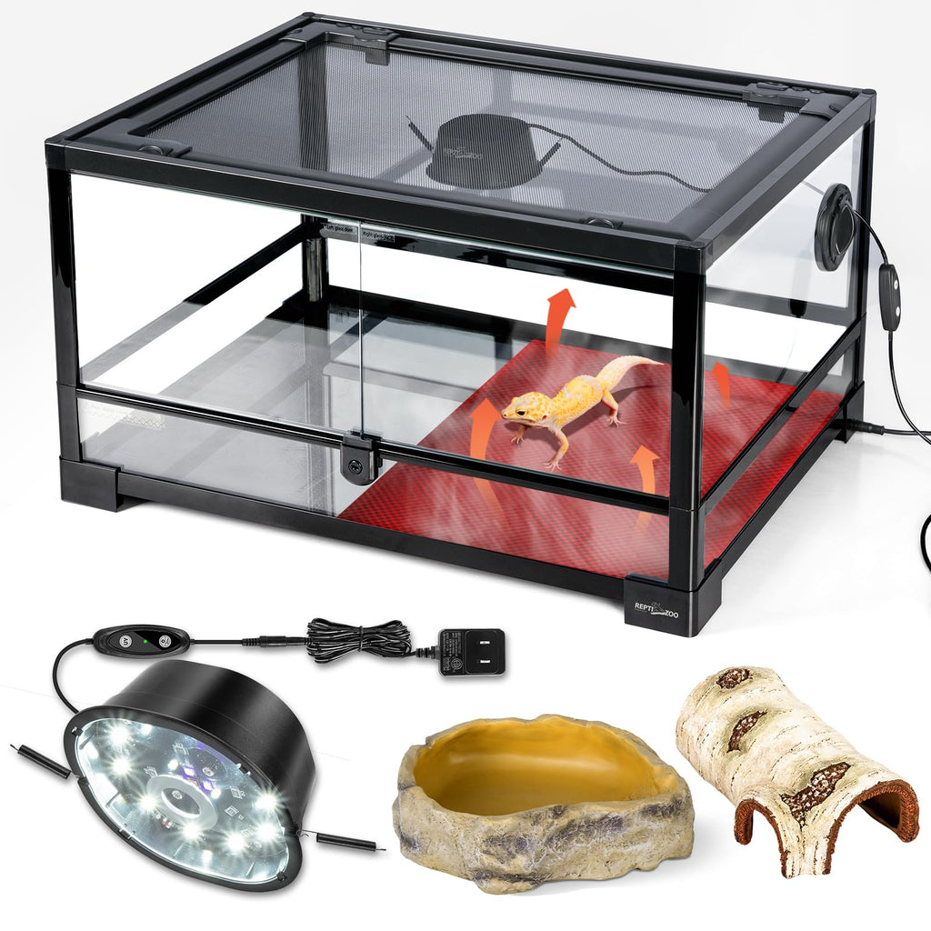 20 Gallon Reptile Terrarium Starter Kit with Heating System Thermostat UVB Light Hide Cave Feeding Dish L755180