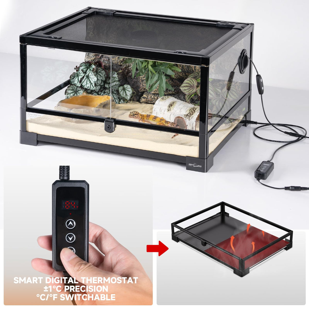 20 Gallon Reptile Terrarium Starter Kit with Heating System Thermostat UVB Light Hide Cave Feeding Dish L755180