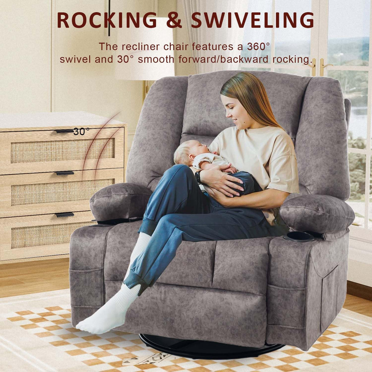 Oversized Grey Swivel Rocking Recliner Chair J180
