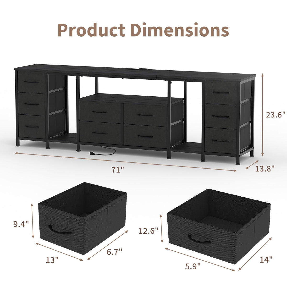 Black 10 Drawer Dresser TV Stand with Power Outlets K79602