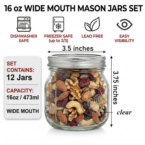 12 Pack 16Oz Wide Mouth Glass Mason Jars with Airtight Lids F704