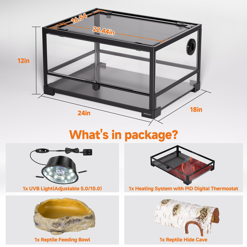 20 Gallon Reptile Terrarium Starter Kit with Heating System Thermostat UVB Light Hide Cave Feeding Dish L755180