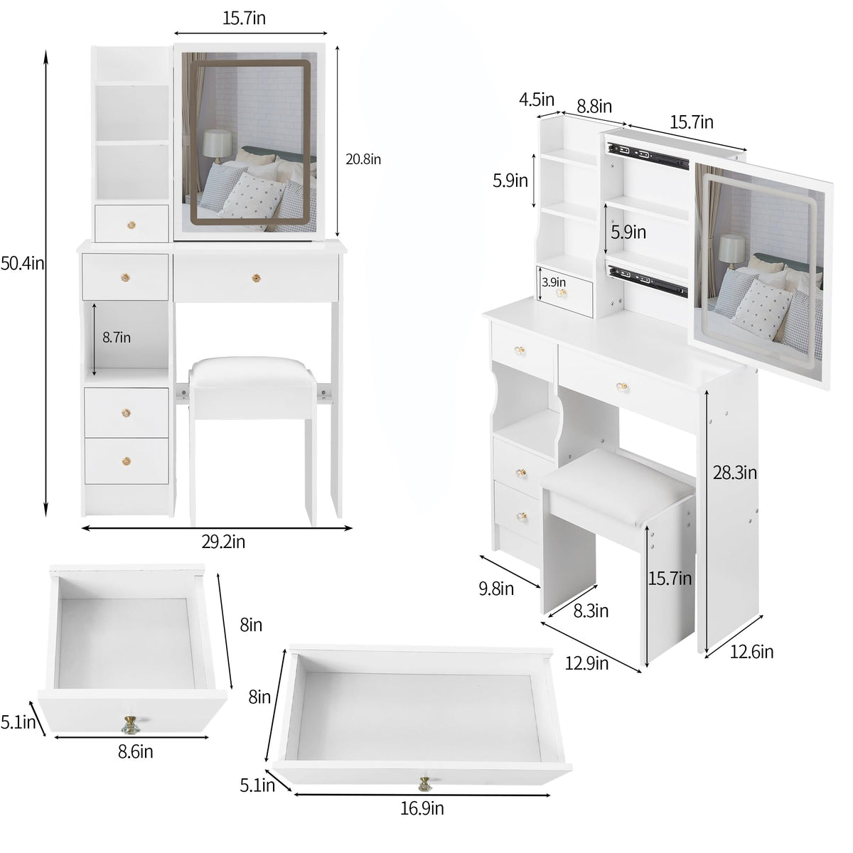 White Vanity Desk with Lighted Mirror and Stool D1915