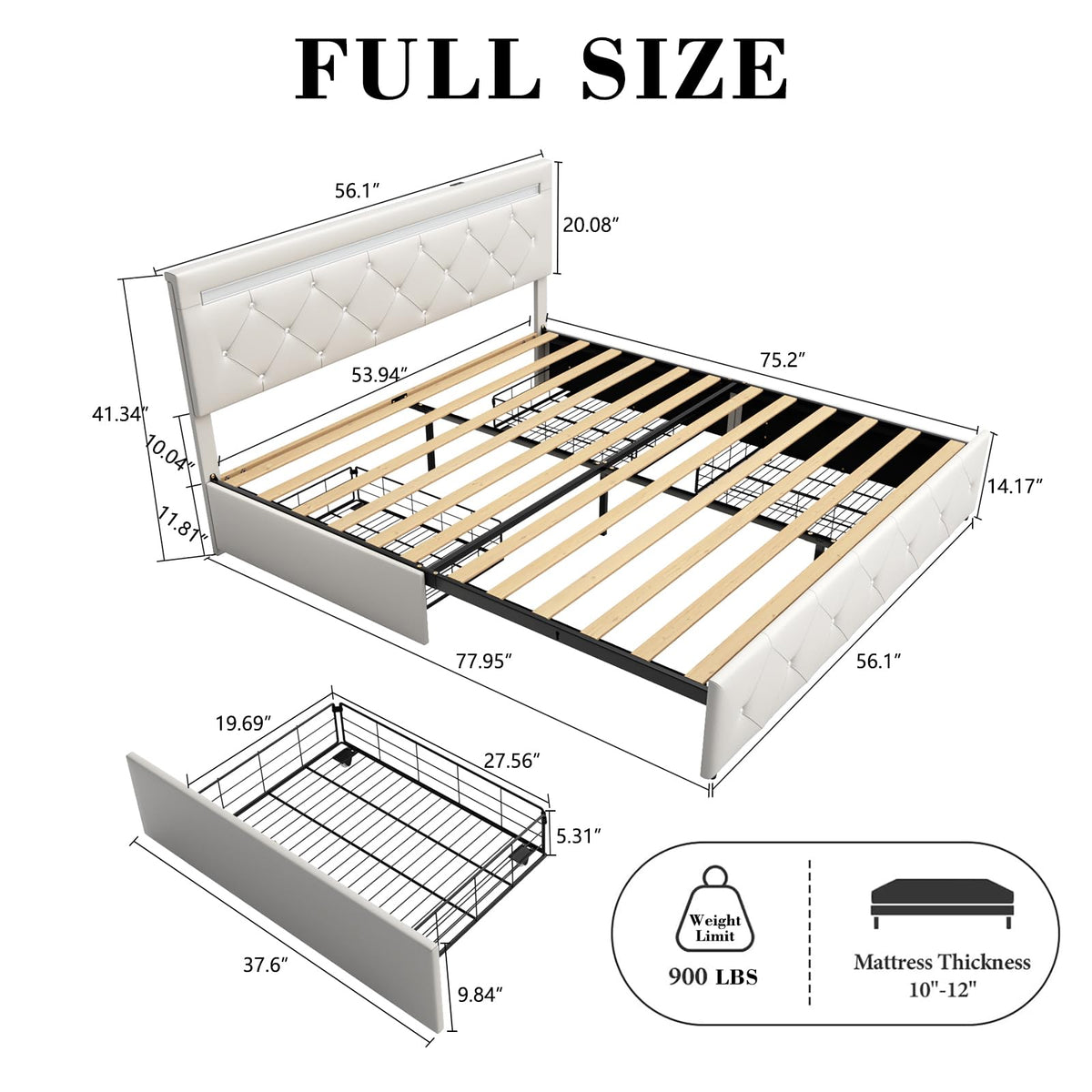 Full Size Bed Frame with LED Light and Storage Drawers L5763