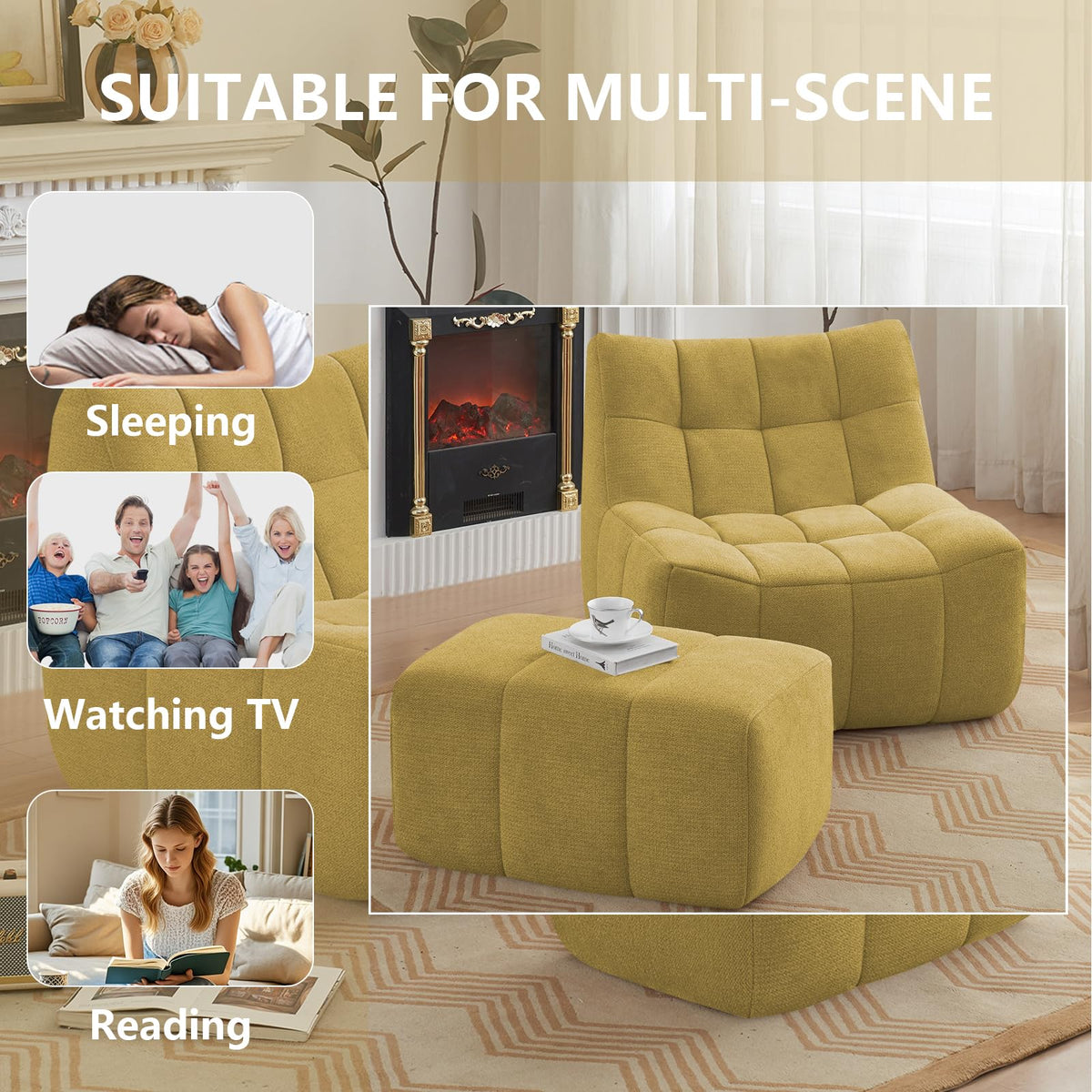 Yellow Memory Foam Bean Bag Chair with Ottoman Q104703