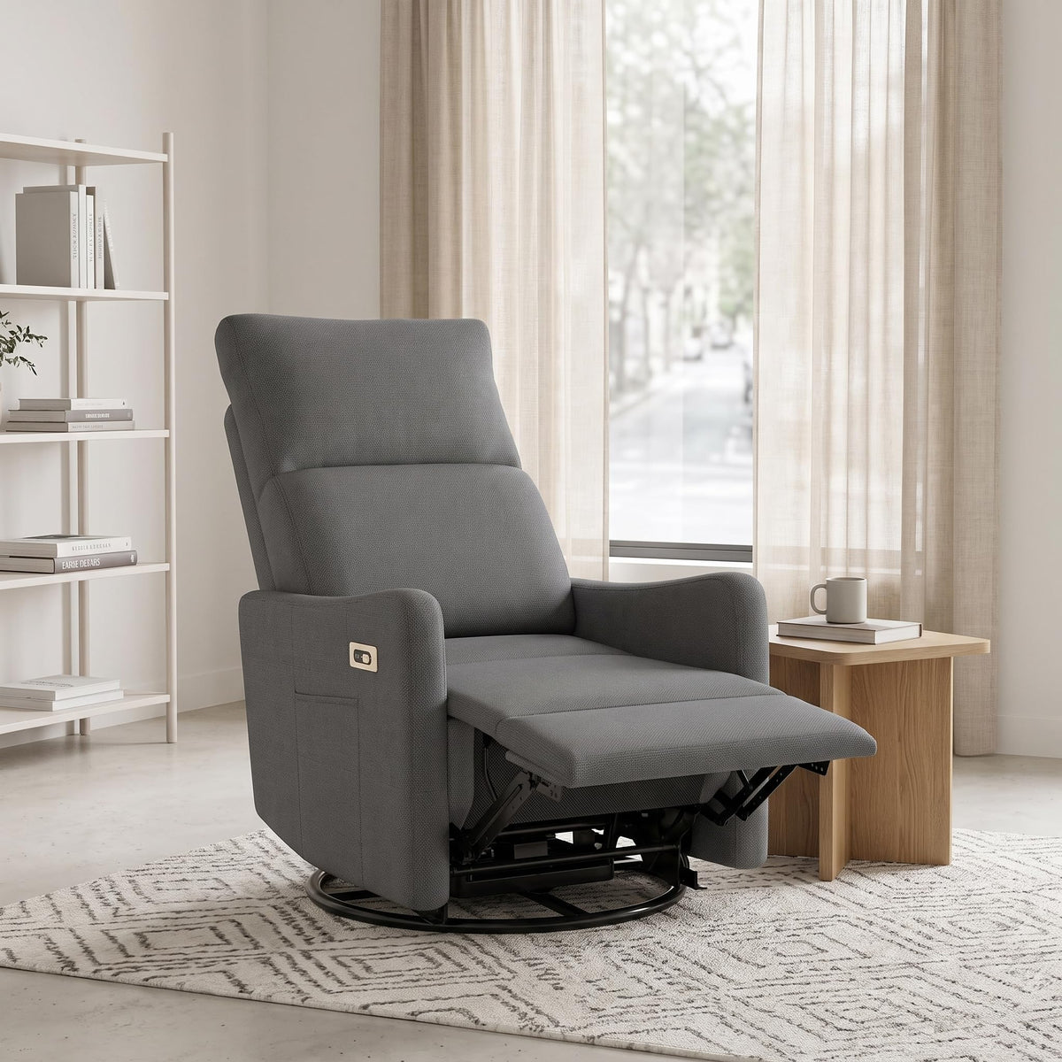 Light Brown Rubberwood Dark Gray Velvet Swivel Rocker Recliner Chair Y965