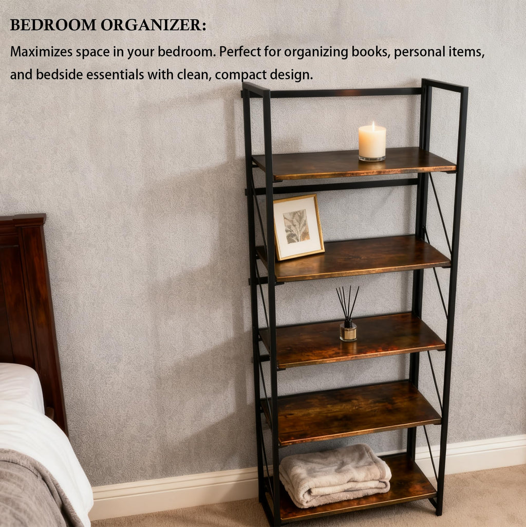 5-Tier Rustic Brown Folding Bookshelf W7891