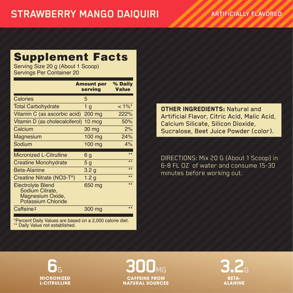 Pre Workout with Creatine Beta-Alanine L-Citrulline and Caffeine, Strawberry Mango Daiquiri, 20 Servings N73642