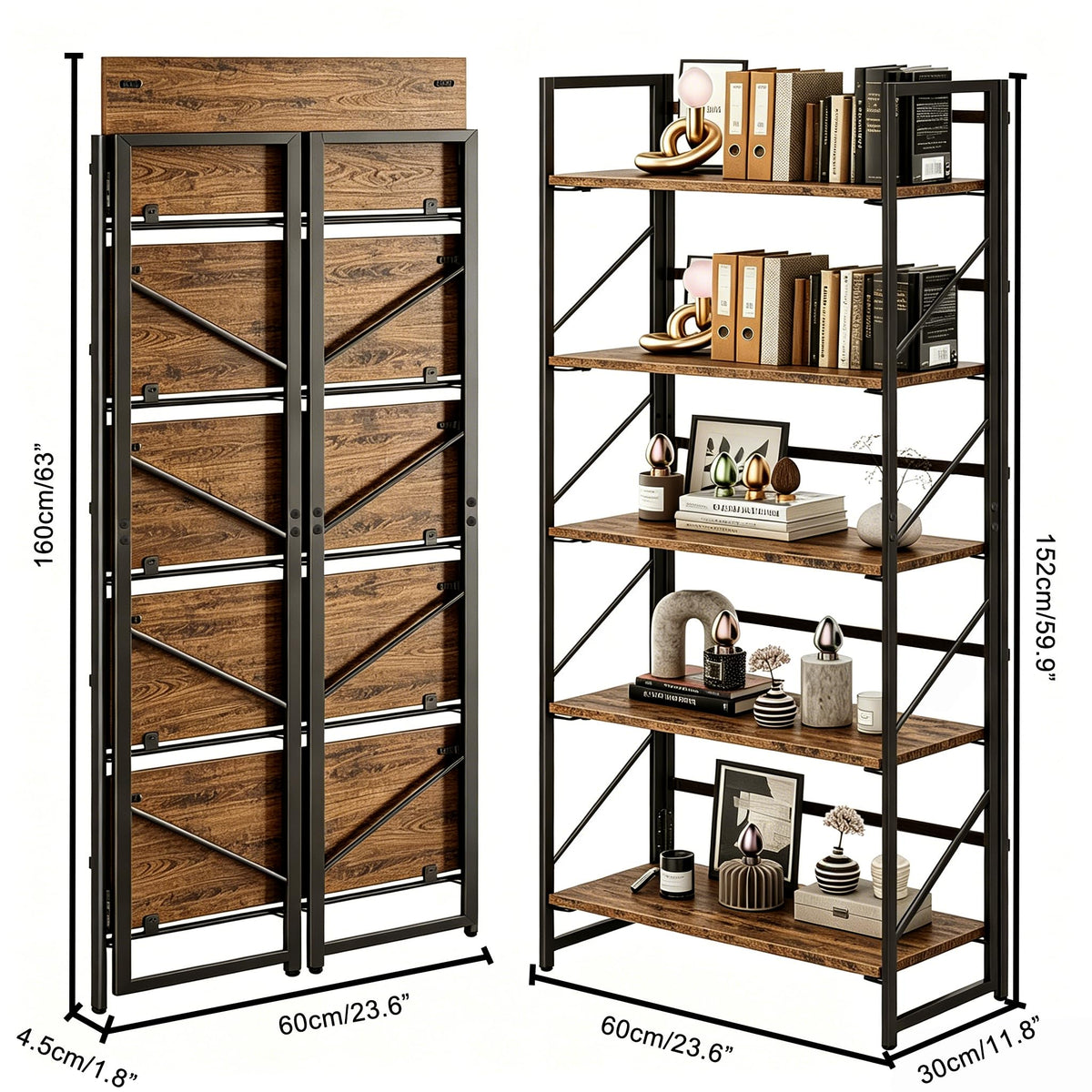 5-Tier Rustic Brown Folding Bookshelf W7891