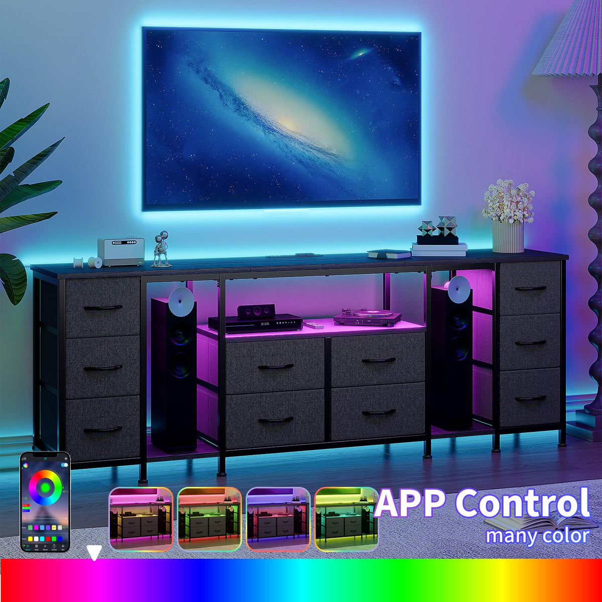 Black 10 Drawer Dresser TV Stand with Power Outlets K79602