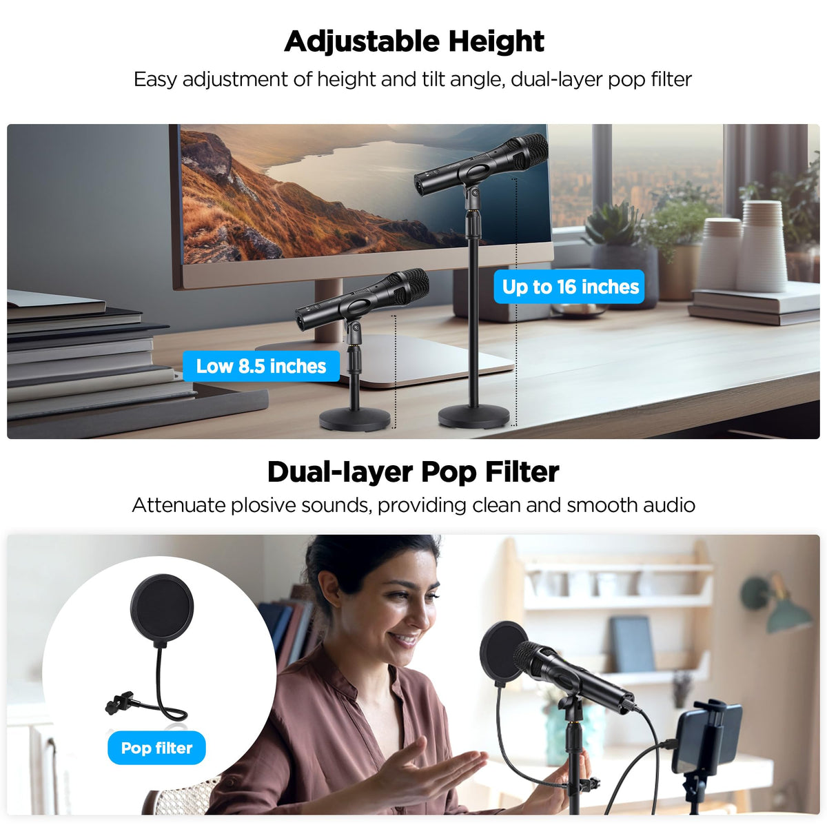 USB Dynamic Microphone with Desktop Stand, Pop Filter, Headphone Jack A219774