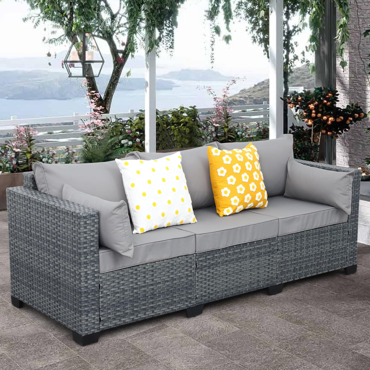 Light Grey Wicker 3-seat Outdoor Sofa with Cushions M150118