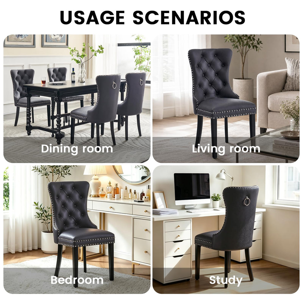 Black PU Leather Dining Chairs Set of 6 with Nailhead Trim and Solid Wood Legs J115