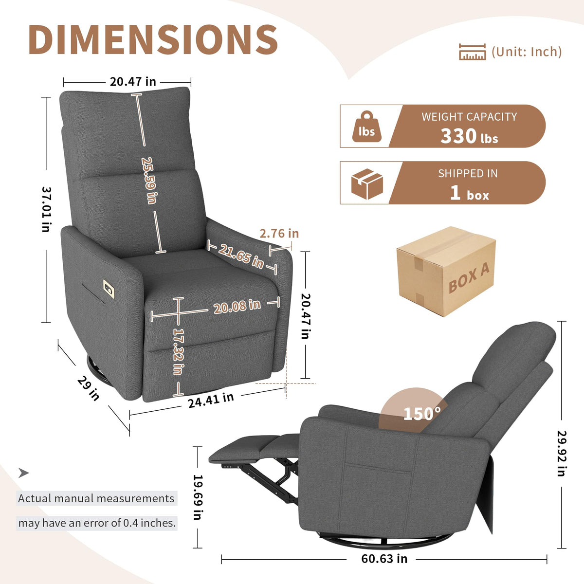 Light Brown Rubberwood Dark Gray Velvet Swivel Rocker Recliner Chair Y965