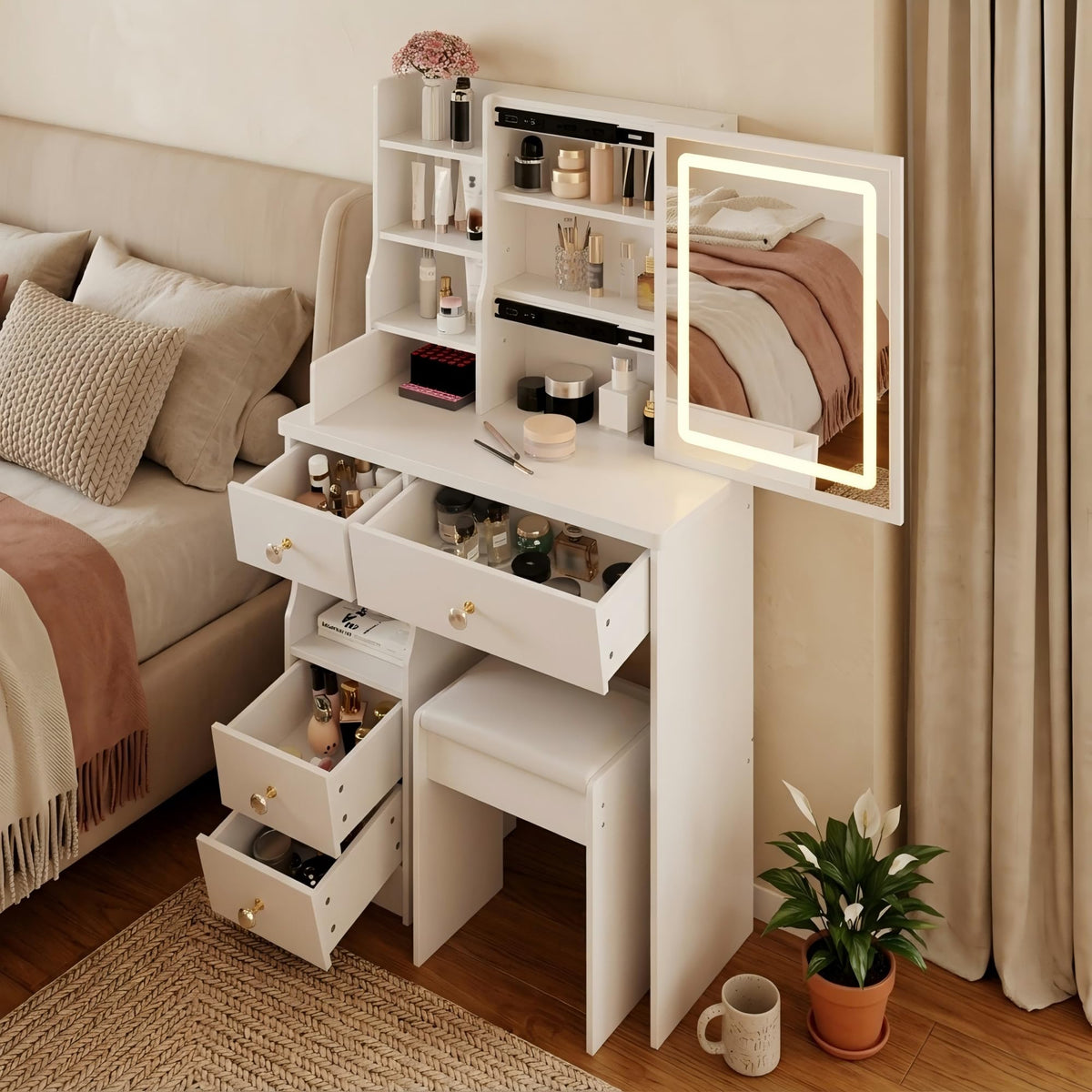 White Vanity Desk with Lighted Mirror and Stool D1915