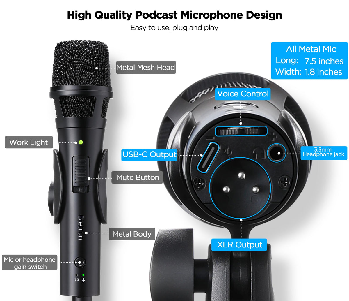 USB Dynamic Microphone with Desktop Stand, Pop Filter, Headphone Jack A219774