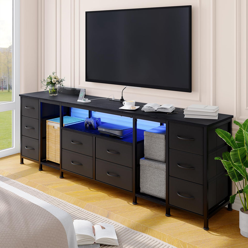 Black 10 Drawer Dresser TV Stand with Power Outlets K79602