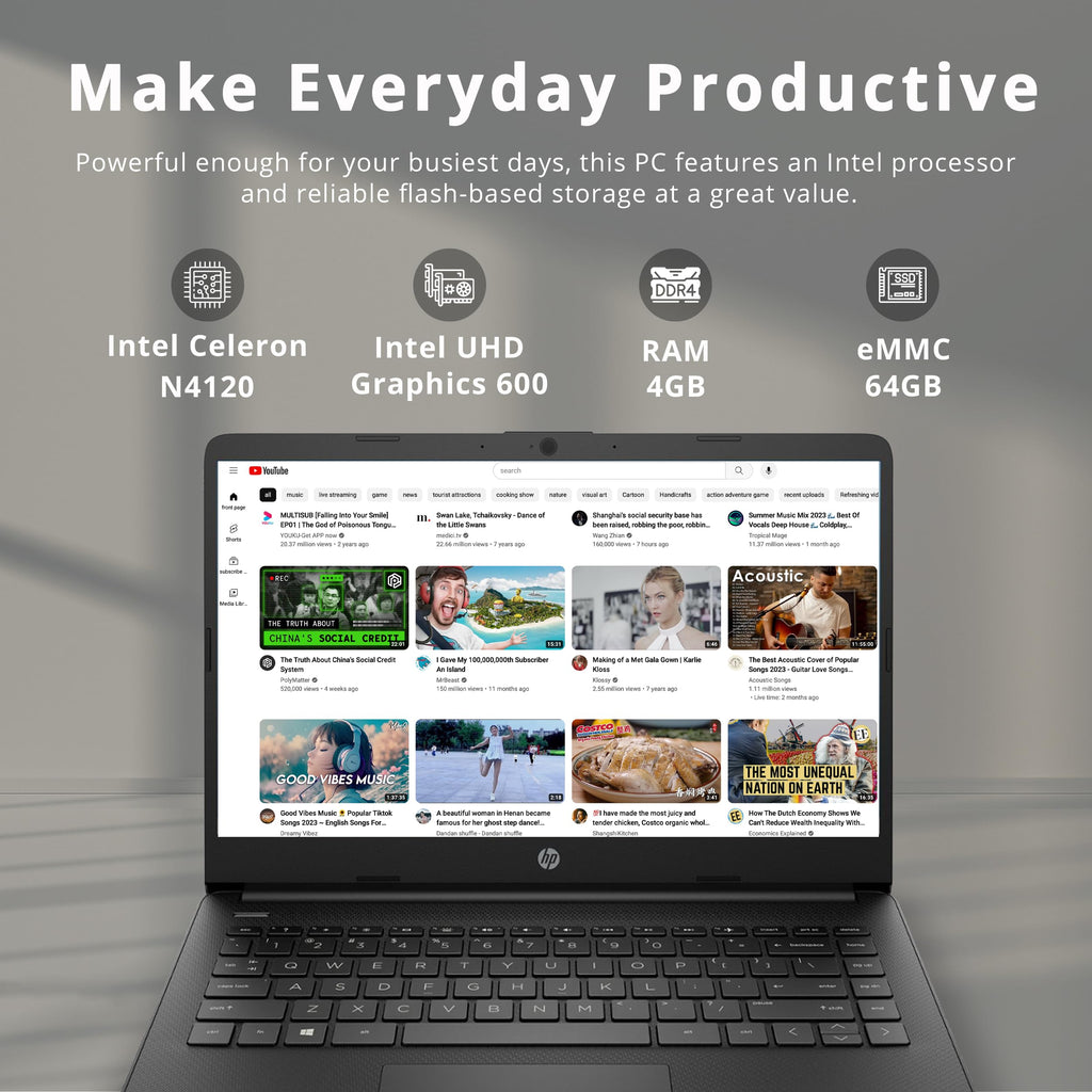 14-inch Laptop, Intel Celeron N4000, 4 GB RAM, 64 GB eMMC, Jet Black G19576