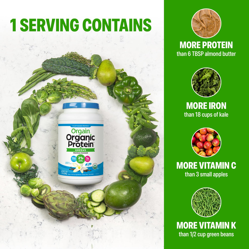 Organic Vegan Protein Powder + Greens Vanilla Bean 21g Plant Based Gluten Free Dairy Free 1.94lb S772