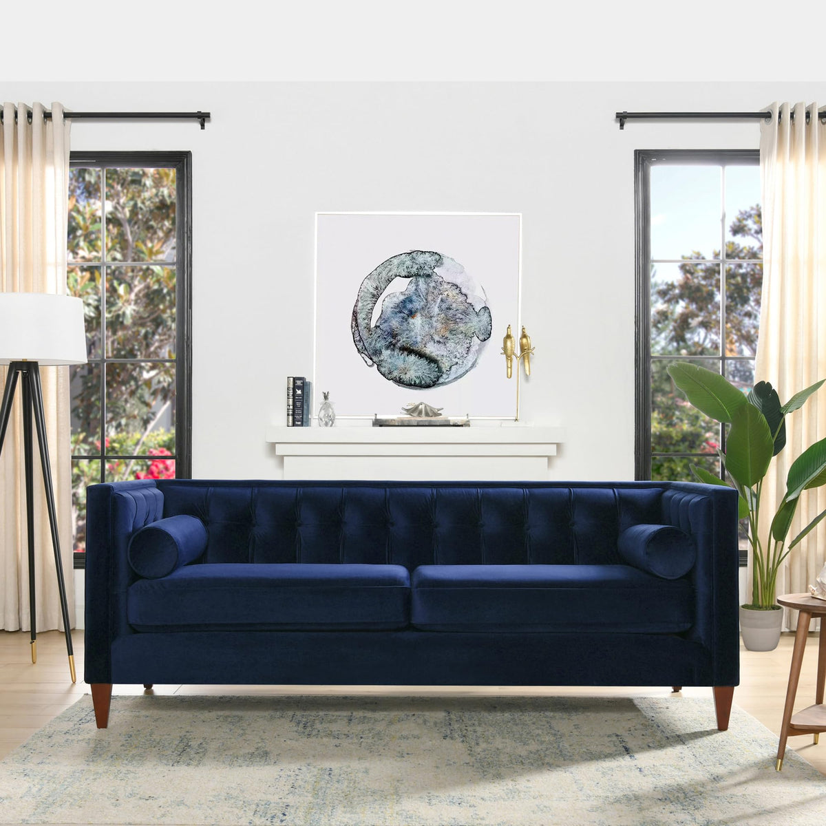 Navy Blue Velvet Tufted Sofa W79543