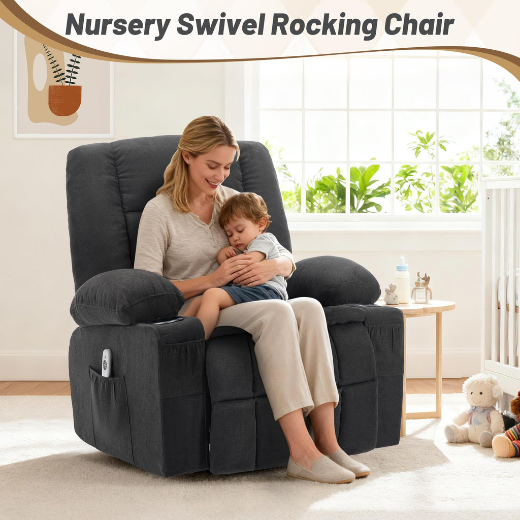 Oversized Swivel Rocker Recliner Chair with Massage & Heat, Black L443477