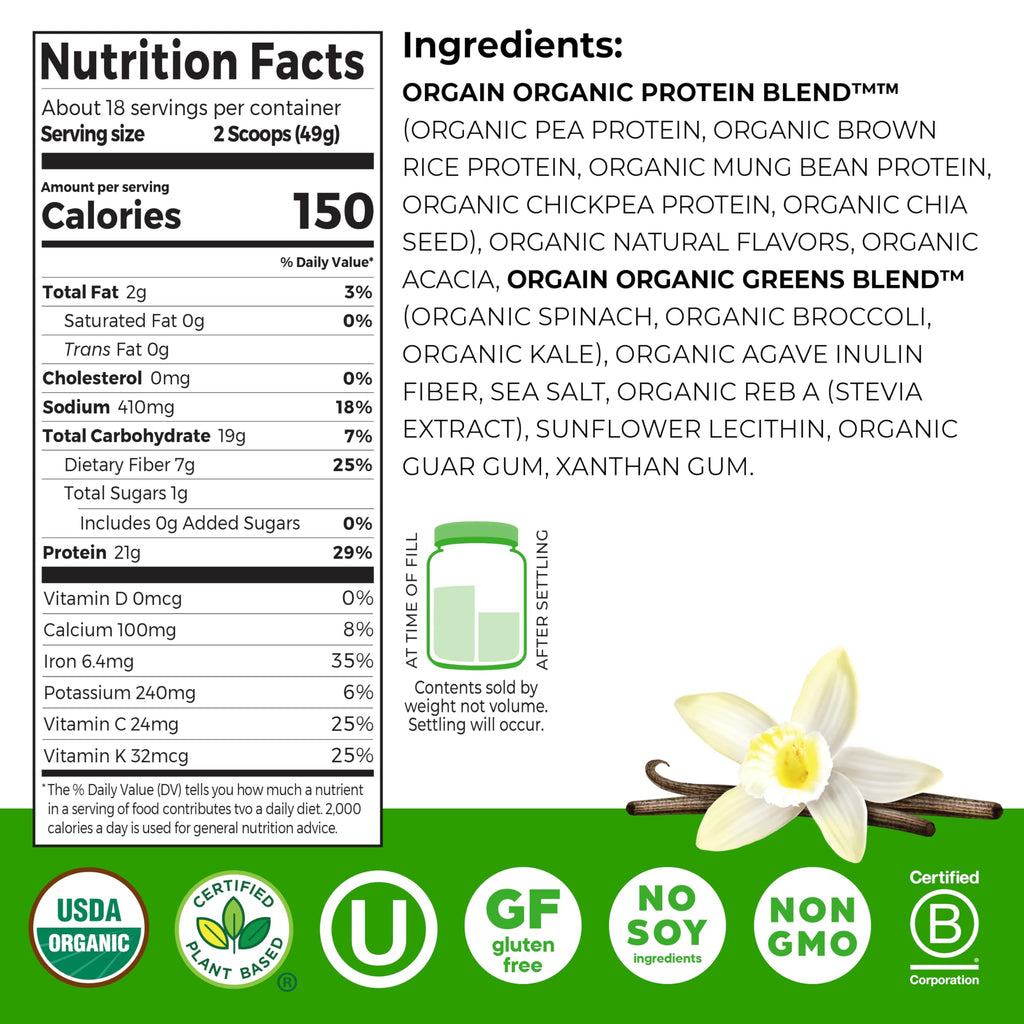 Organic Vegan Protein Powder + Greens Vanilla Bean 21g Plant Based Gluten Free Dairy Free 1.94lb S772