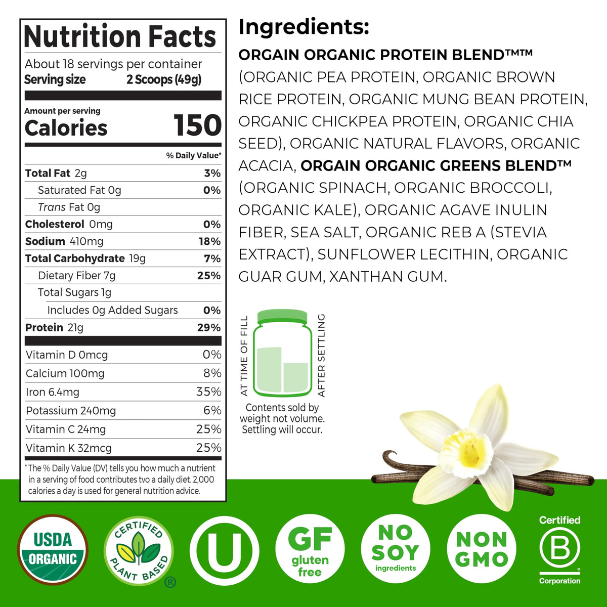 Organic Vegan Protein Powder + Greens Vanilla Bean 21g Plant Based Gluten Free Dairy Free 1.94lb S772