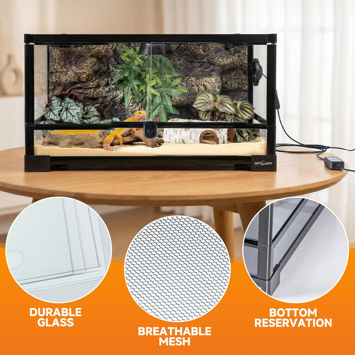 20 Gallon Reptile Terrarium Starter Kit with Heating System Thermostat UVB Light Hide Cave Feeding Dish L755180