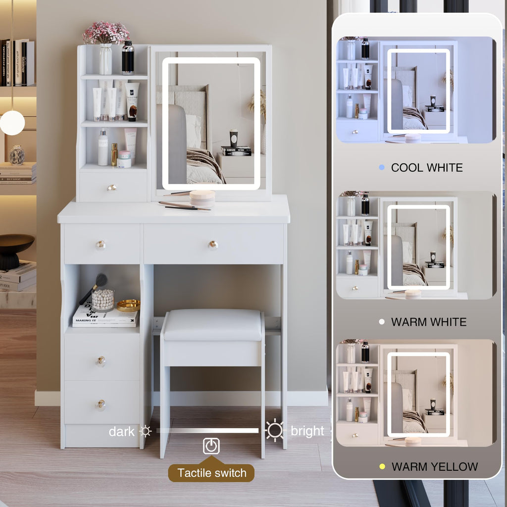 White Vanity Desk with Lighted Mirror and Stool D1915
