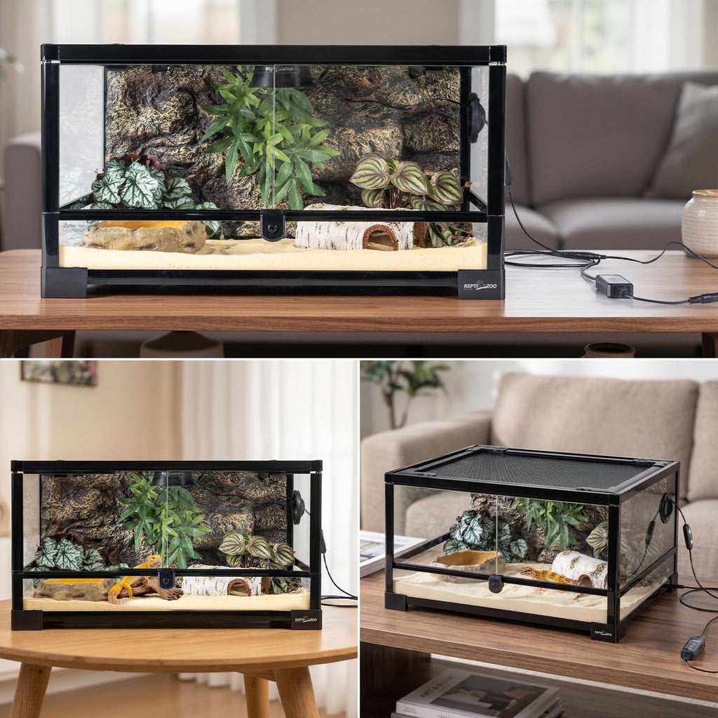20 Gallon Reptile Terrarium Starter Kit with Heating System Thermostat UVB Light Hide Cave Feeding Dish L755180