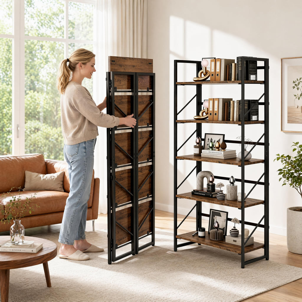 5-Tier Rustic Brown Folding Bookshelf W7891