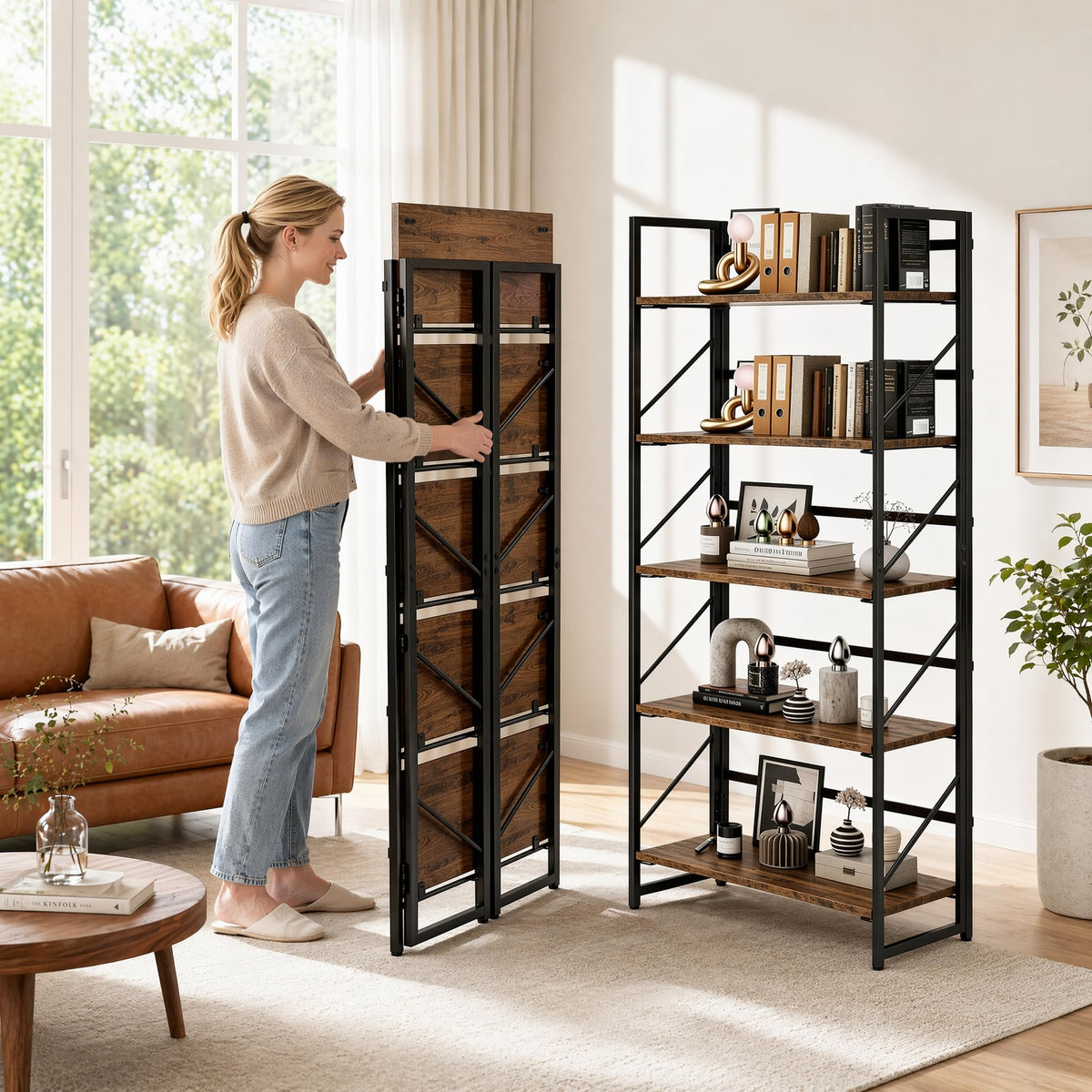 5-Tier Rustic Brown Folding Bookshelf W7891