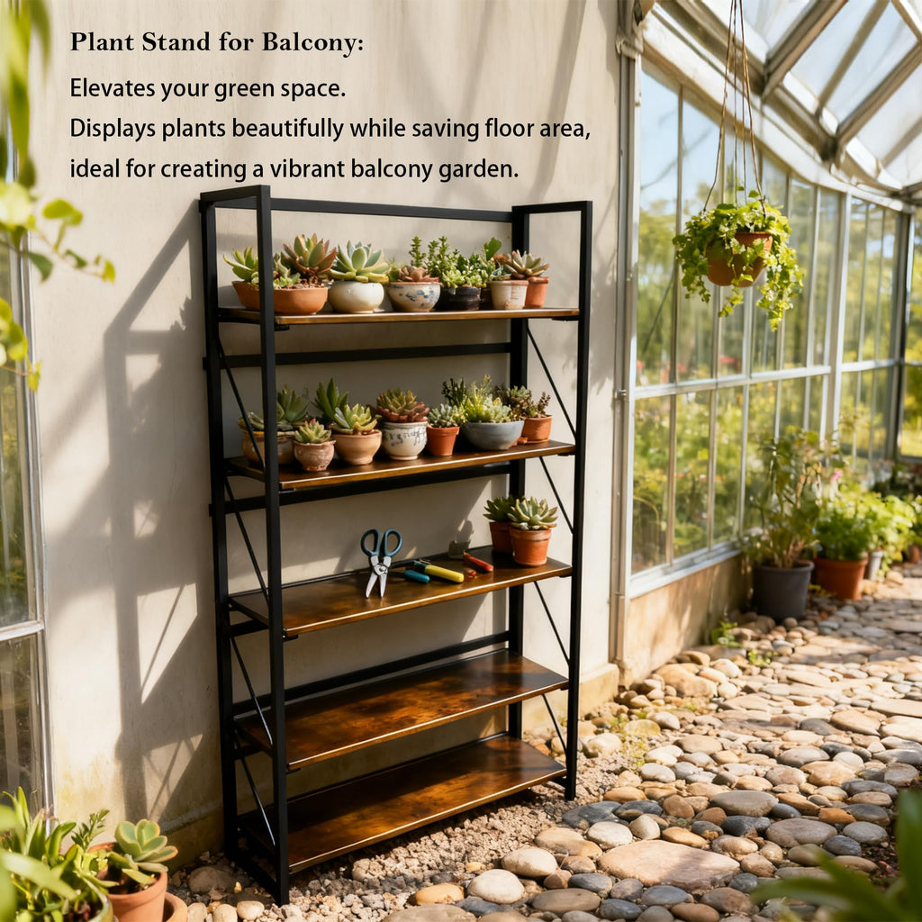 5-Tier Rustic Brown Folding Bookshelf W7891