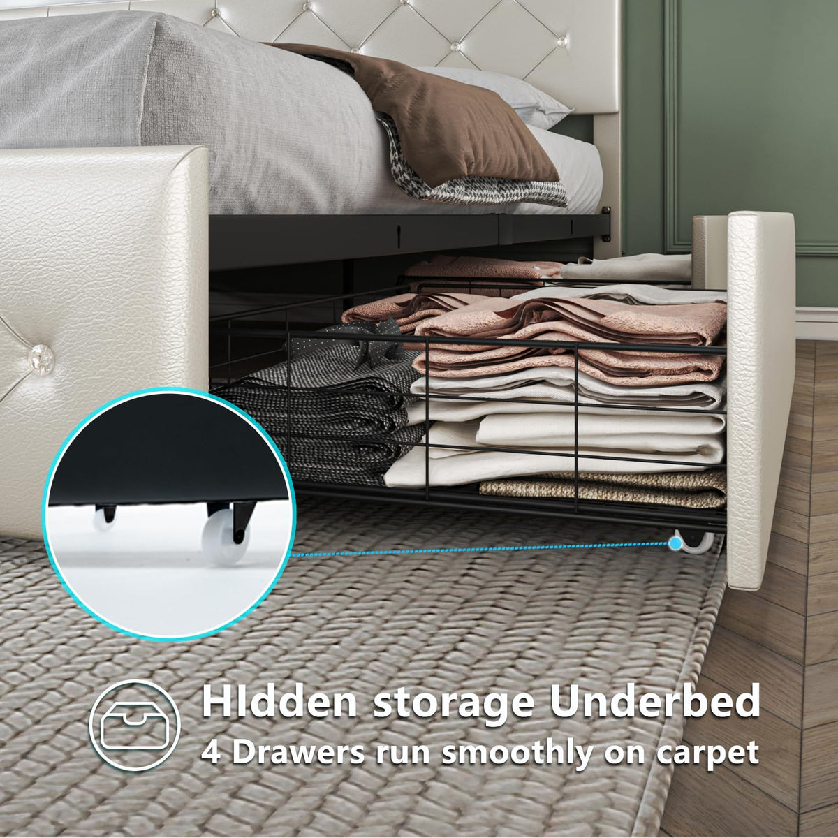 Full Size Bed Frame with LED Light and Storage Drawers L5763