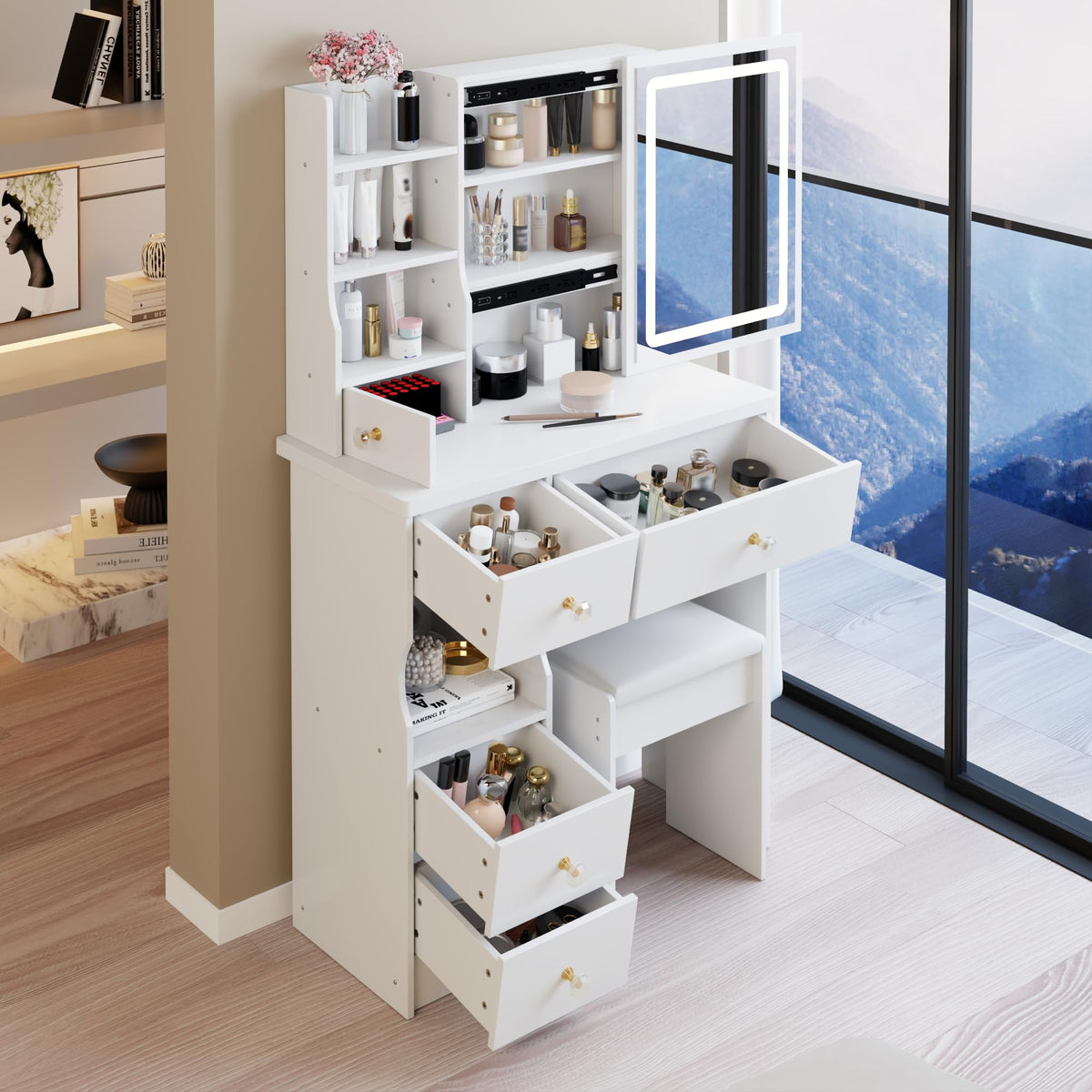 White Vanity Desk with Lighted Mirror and Stool D1915