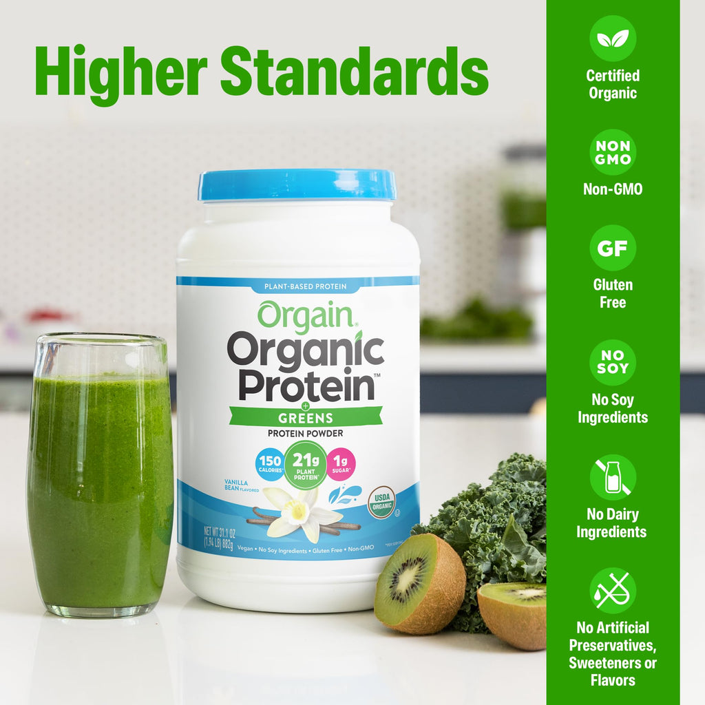 Organic Vegan Protein Powder + Greens Vanilla Bean 21g Plant Based Gluten Free Dairy Free 1.94lb S772