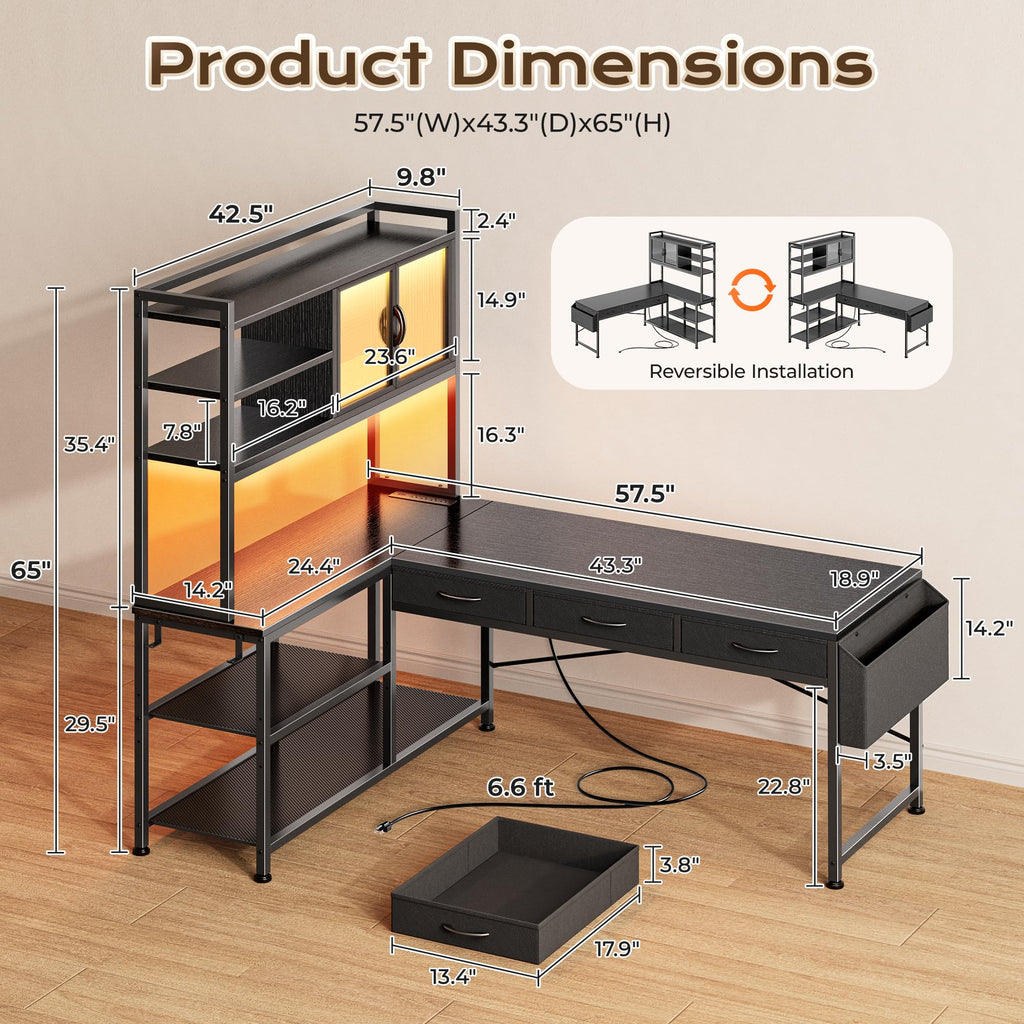 57.5 Inch L Shaped Gaming Desk with Power Outlets Q9847