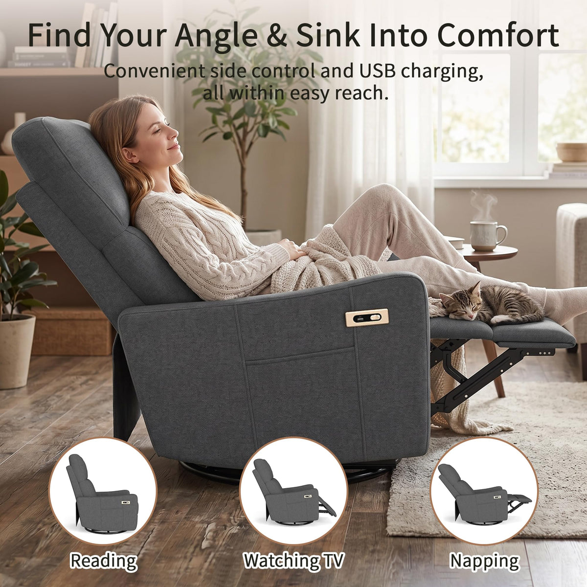 Light Brown Rubberwood Dark Gray Velvet Swivel Rocker Recliner Chair Y965