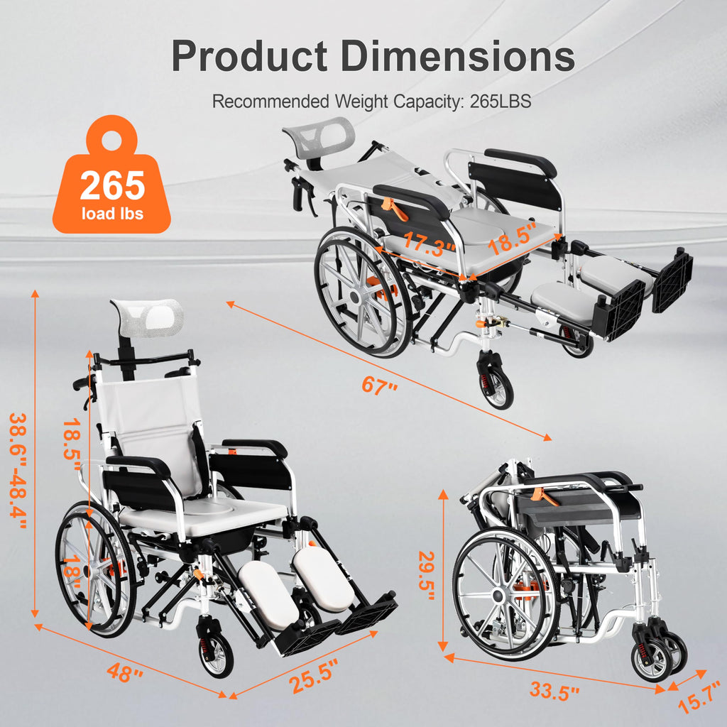 5-in-1 Reclining Wheelchair with 18.5" Wide Seat S2794