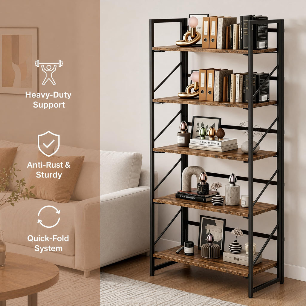 5-Tier Rustic Brown Folding Bookshelf W7891