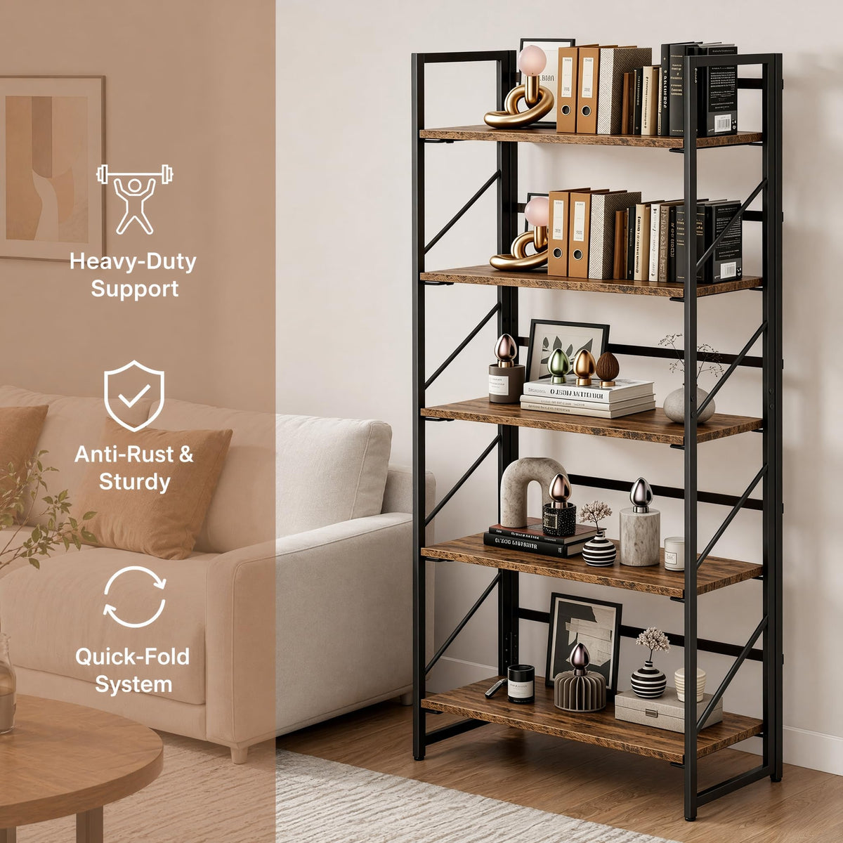 5-Tier Rustic Brown Folding Bookshelf W7891