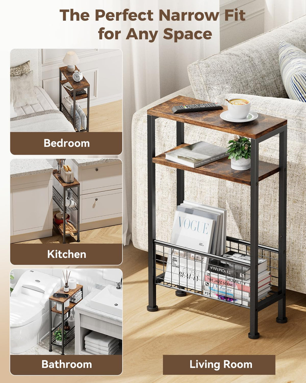 Narrow 3-Tier Wooden Side Table A102