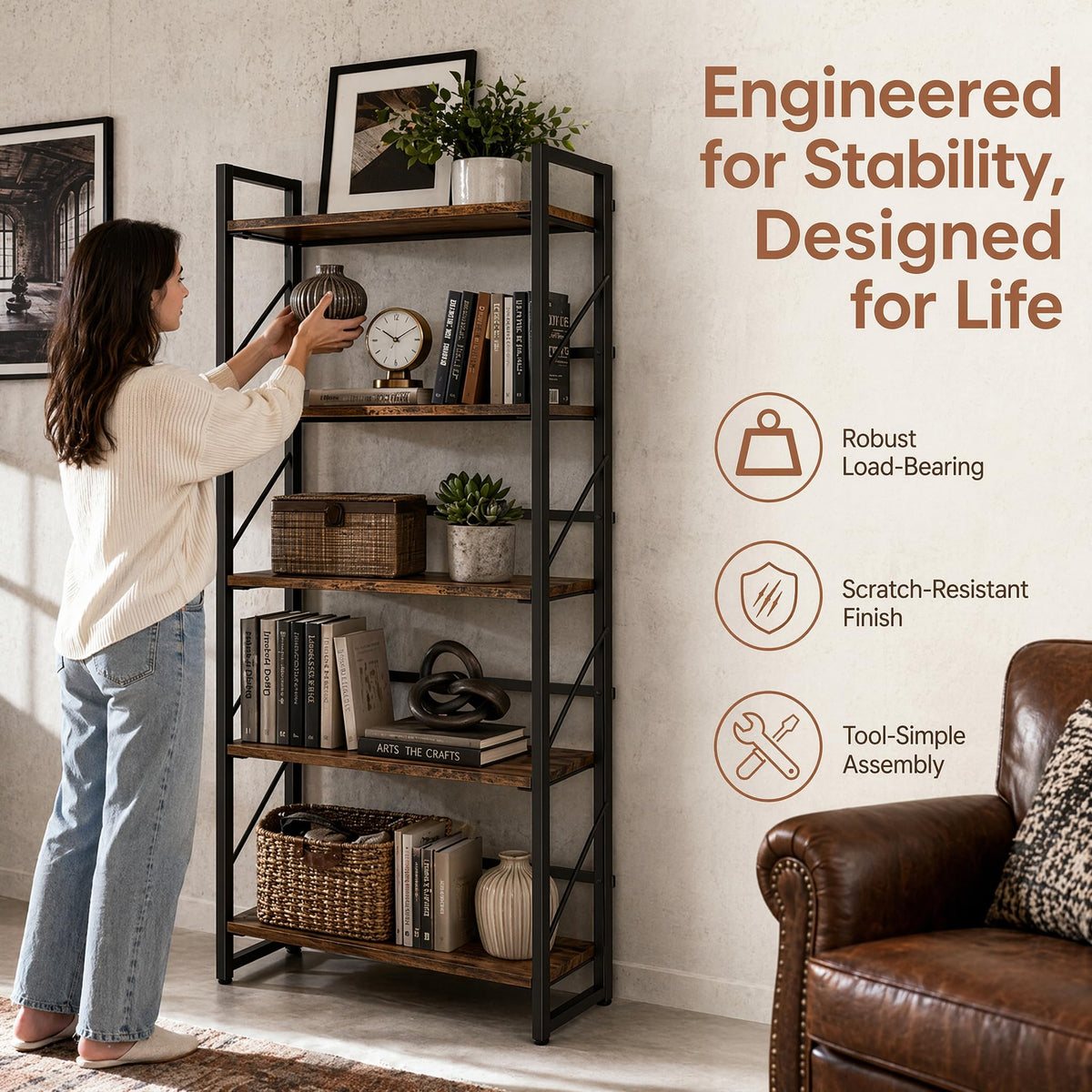 5-Tier Rustic Brown Folding Bookshelf W7891