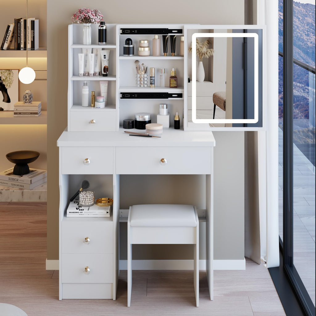 White Vanity Desk with Lighted Mirror and Stool D1915
